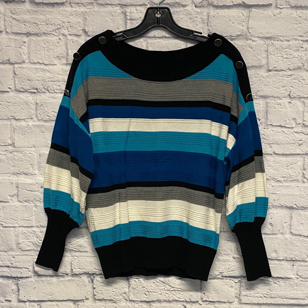 New York & Company Blue, Black & Gray Striped Boatneck Sweater Size Small